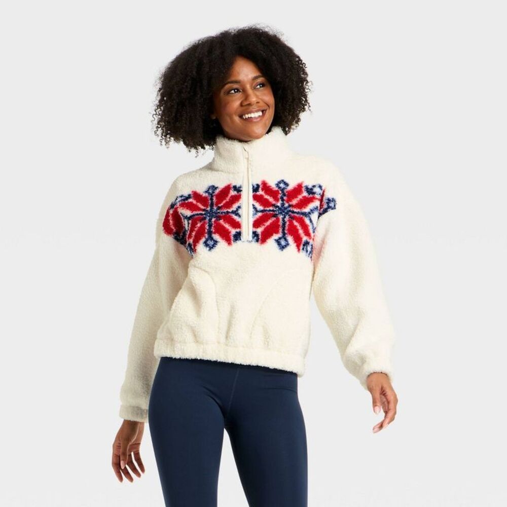 Women's High Pile Fleece 1/2 Zip Pullover Jacket - All In Motion Cream/Red L